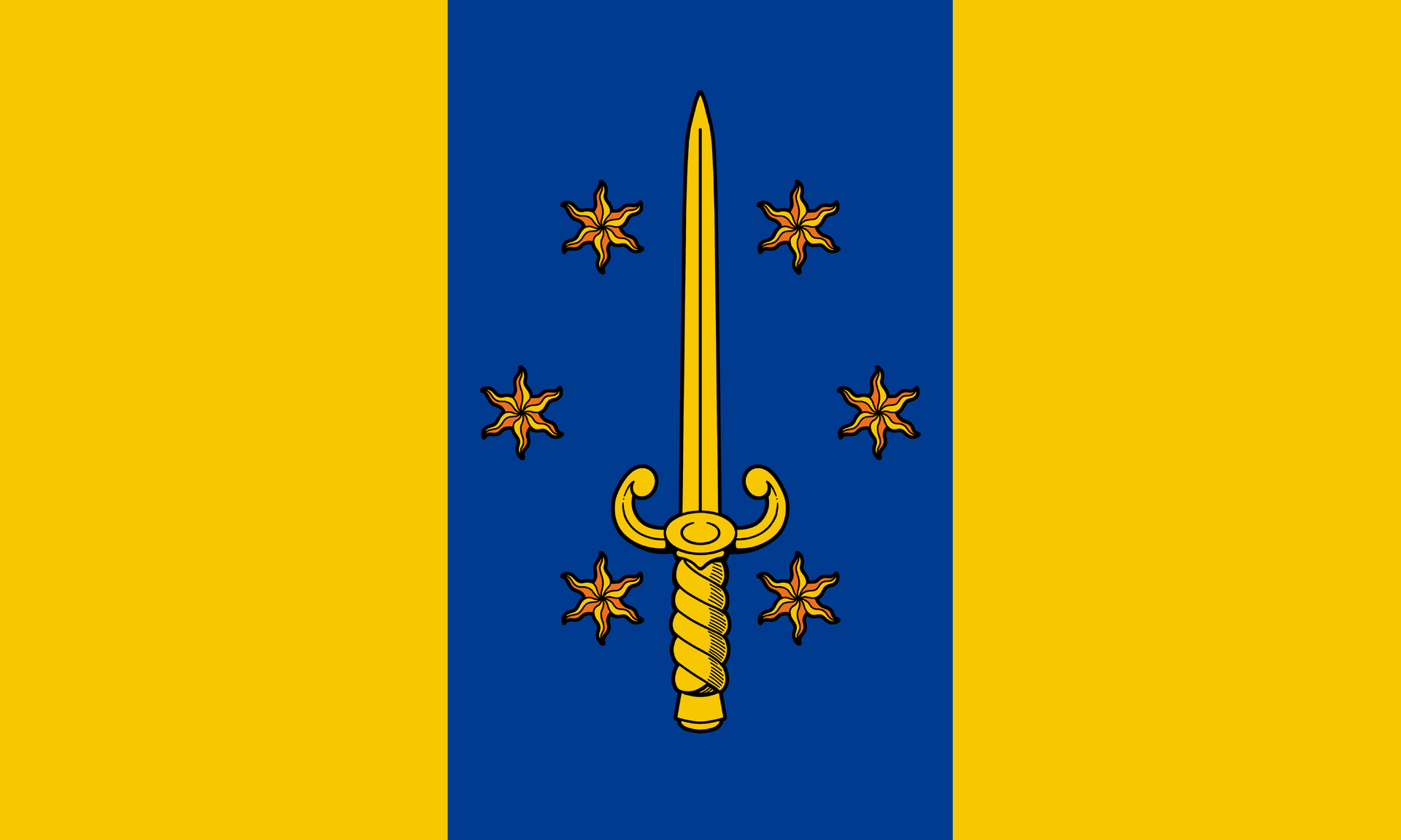 Golden Blades flag: golden sword and stars on dark blue and goldenrod field